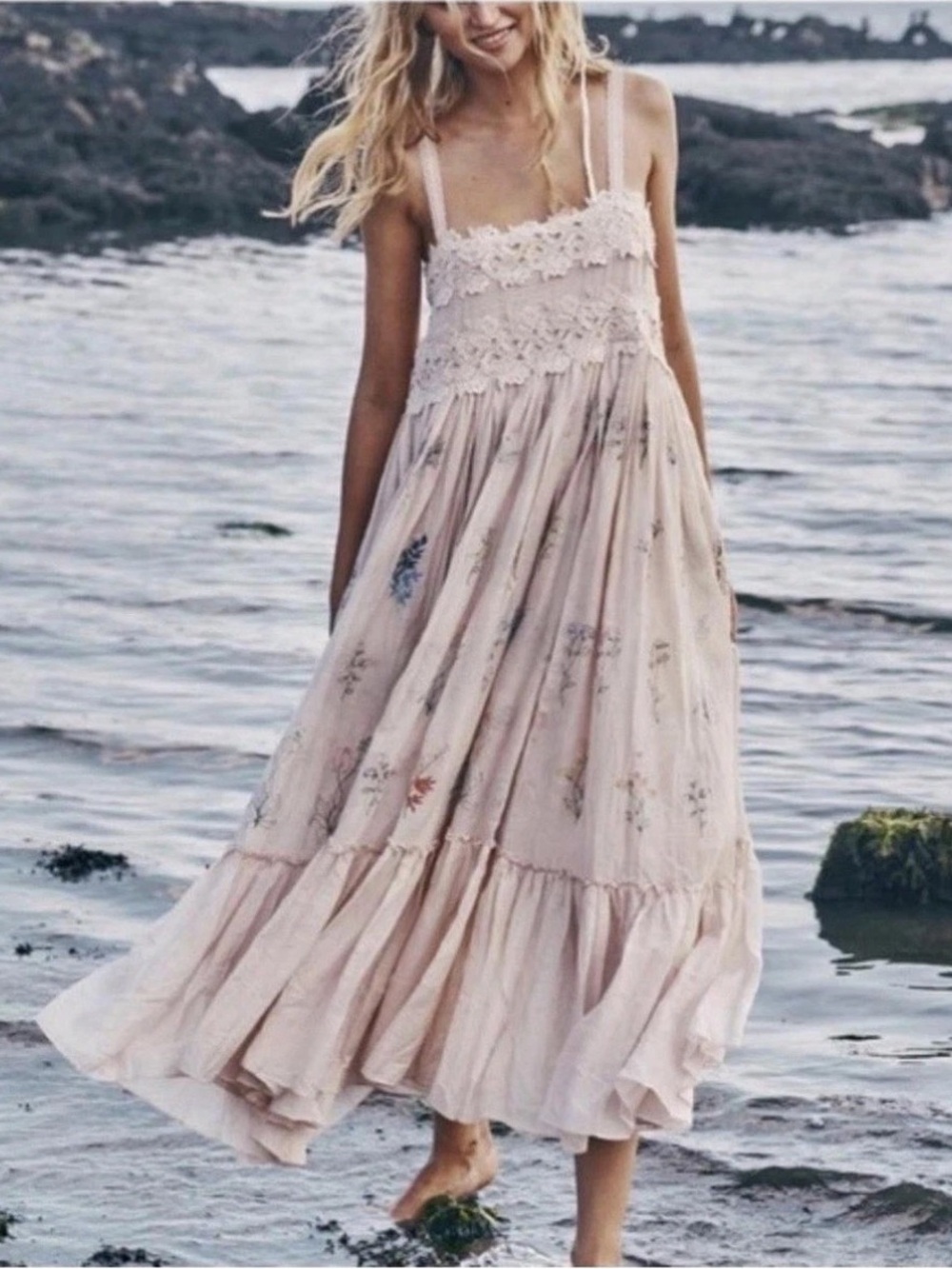 Caroline Constas Pink Embroidered Maxi Dress Cotton Lace Boho Floral Large NEW
